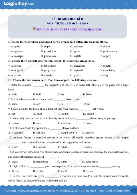 Đề số 1 - Đề kiểm tra giữa kì 2 - Tiếng Anh 9 mới